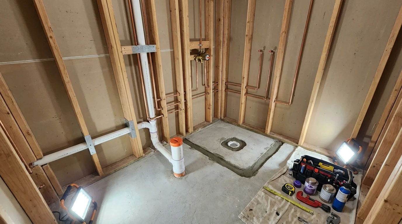 Bathroom rough-in plumbing during remodel by Johns Plumbing LLC in Story City
