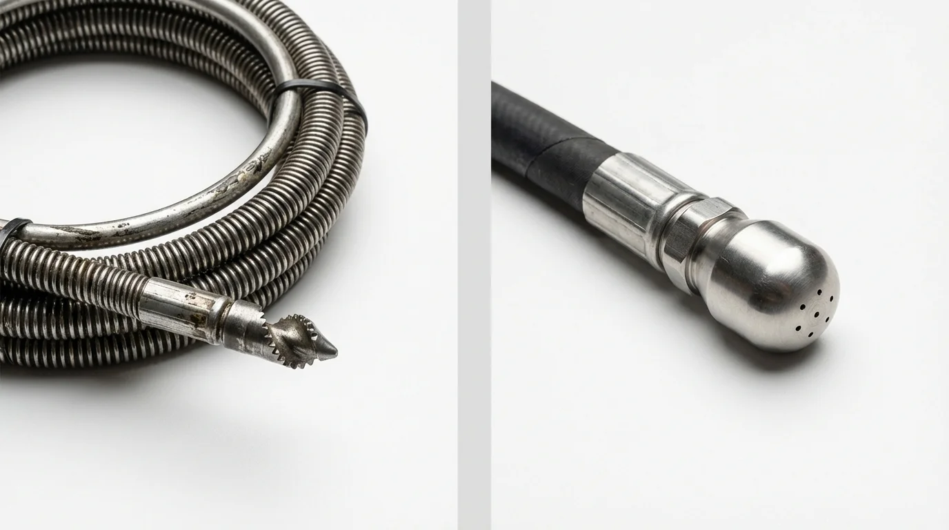 Drain snake cable and hydro jetting nozzle used for drain cleaning in Story City, IA