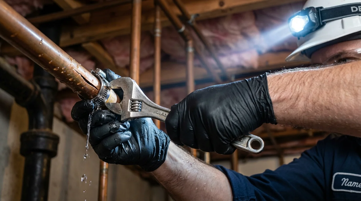 Emergency pipe clamp repair being performed by a Johns Plumbing LLC plumber in Story City