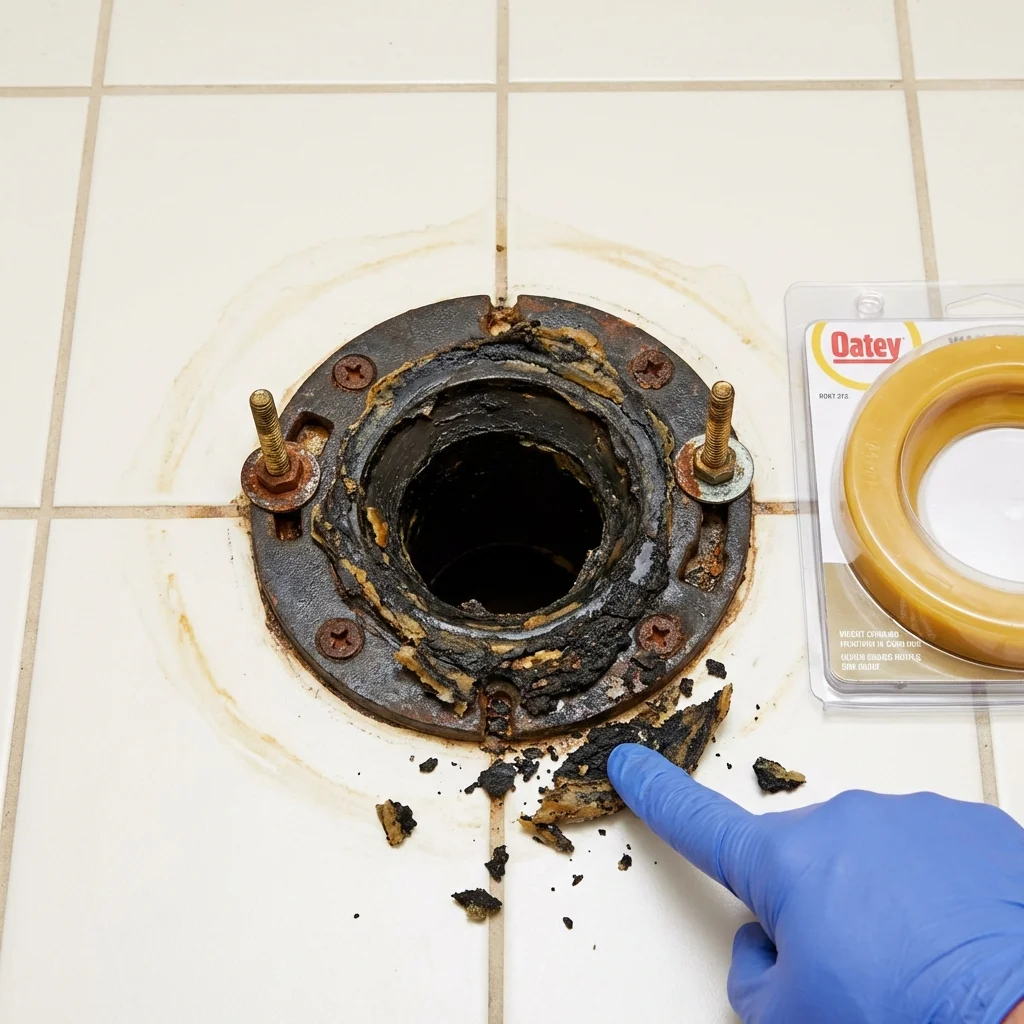 Failed wax ring showing water seepage at the base of a toilet in a Story City, IA home