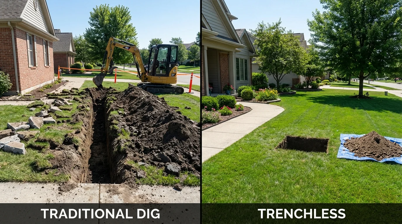Trenchless sewer repair with minimal yard damage versus traditional excavation in Story City, IA