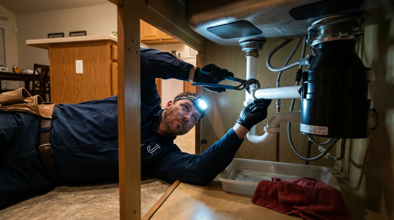 P-trap and supply line connections under a kitchen sink showing a common leak point in Story City, IA